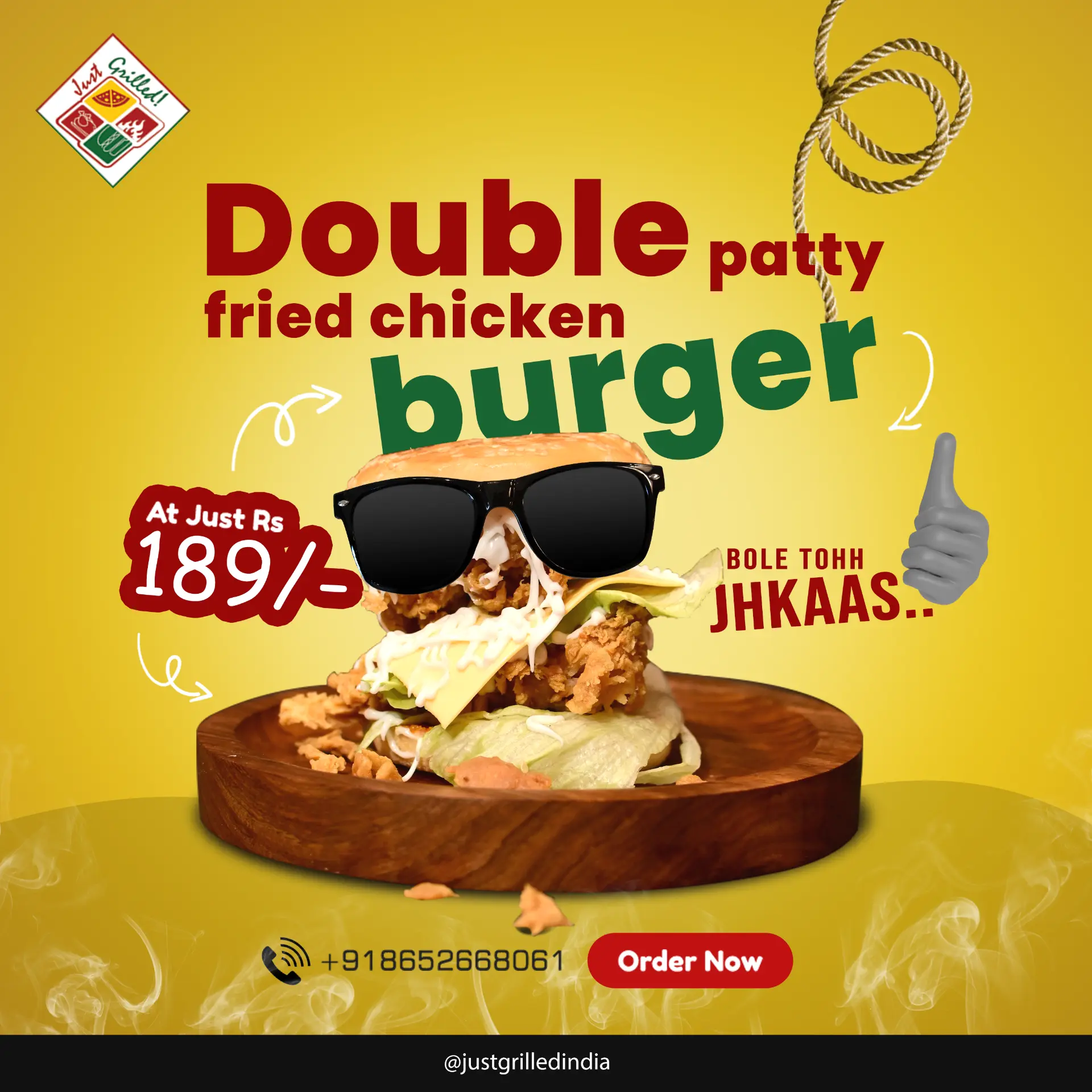 Food marketing creative for Just Grilled Double Patty Jhkaas burger
